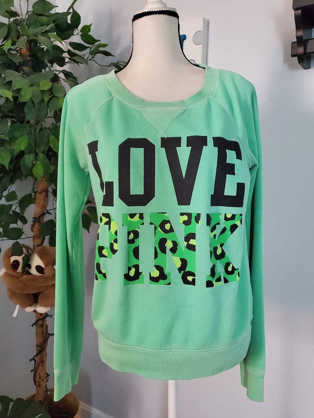 PINK VICTORIA'S SECRET Y2K Lime Green Leopard Crewneck Sweatshirt L